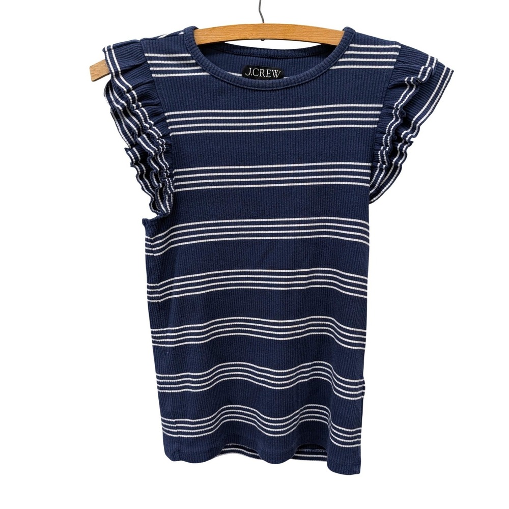 J. Crew Women's Vintage Rib Ruffle Sleeve Shirt Stripe Navy White- XS - Picture 3 of 7